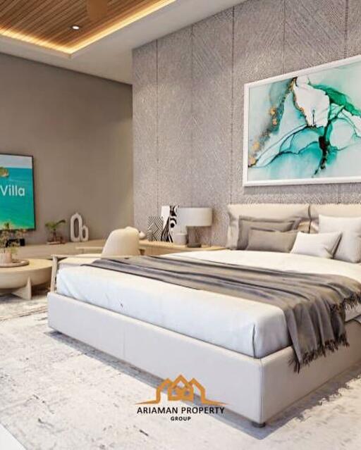 Modern bedroom with large bed and wall art