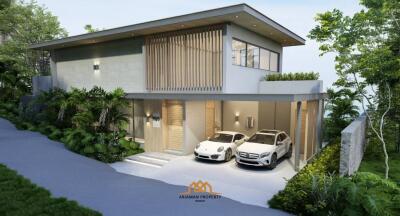 Modern two-story house exterior with garage and two cars