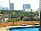 Swimming pool view with cityscape in the background