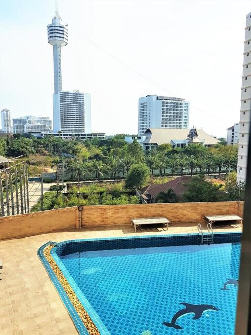 Swimming pool view with cityscape in the background