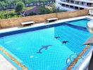 Outdoor swimming pool on rooftop with dolphin designs