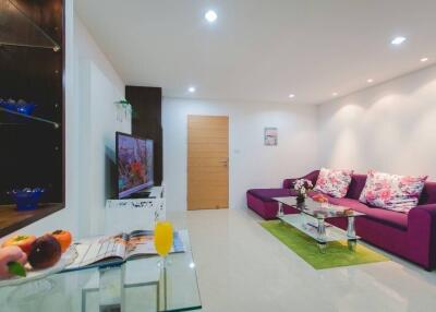 Modern living room with purple couch and TV