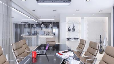 Modern dining area with a glass table and beige chairs