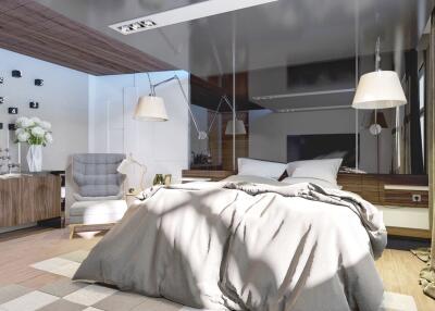 Modern bedroom with cozy bedding, stylish lighting, and natural light through large windows