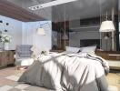 Modern bedroom with cozy bedding, stylish lighting, and natural light through large windows