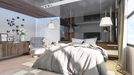 Modern bedroom with cozy bedding, stylish lighting, and natural light through large windows