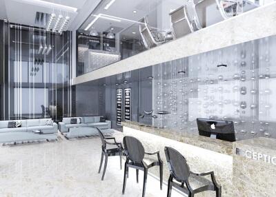 Modern reception area with stylish decor and seating