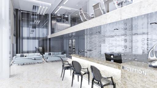 Modern reception area with stylish decor and seating