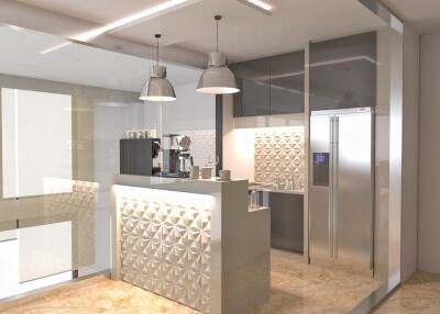 Modern kitchen with breakfast bar and stainless steel appliances