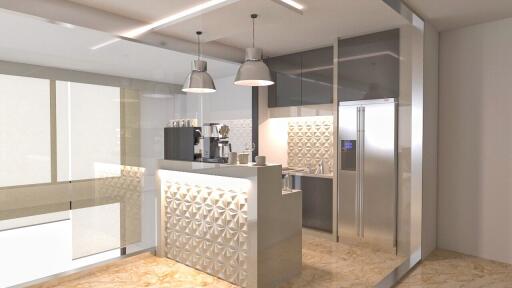 Modern kitchen with breakfast bar and stainless steel appliances