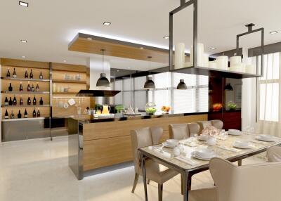 Modern kitchen and dining area with stylish lighting