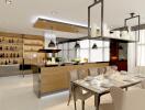 Modern kitchen and dining area with stylish lighting