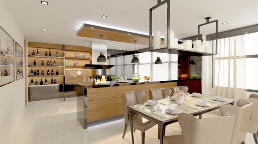 Modern kitchen and dining area with stylish lighting