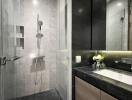 Modern bathroom with glass shower and vanity