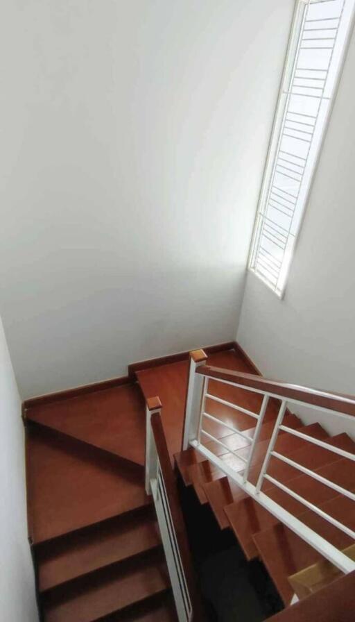 Well-lit staircase with wooden steps and a large window