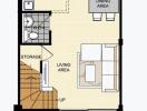 Ground floor plan including living area, dining area, pantry, storage, and washing area