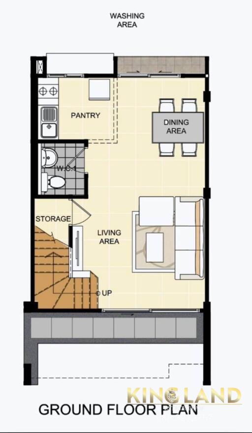 Ground floor plan including living area, dining area, pantry, storage, and washing area