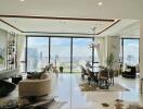 Spacious open-plan living and dining area with city views