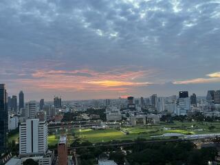 City skyline view with sunset