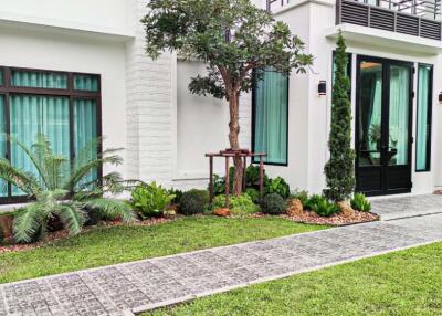 Front garden view with pathway and green plants