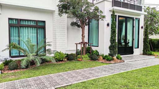 Front garden view with pathway and green plants