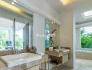 Modern bathroom with dual sinks and large mirrors