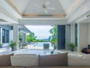 Modern living room with a view of the pool and garden