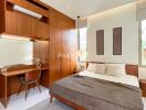 Spacious and modern bedroom with wooden furniture