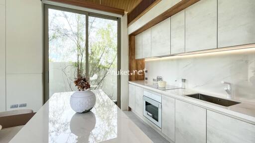 Modern kitchen with white cabinets, built-in appliances, and large window