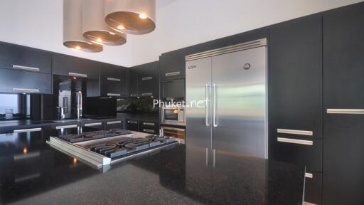 Modern kitchen with black cabinetry and stainless steel appliances