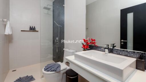 Modern bathroom with sink, toilet, and glass shower