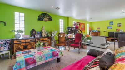 Colorful and vibrant living room with various decorations and furniture