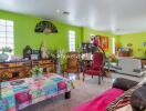 Colorful and vibrant living room with various decorations and furniture