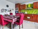 Modern kitchen with wooden cabinets and dining area