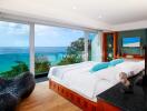 Spacious beachfront bedroom with large windows and modern decor