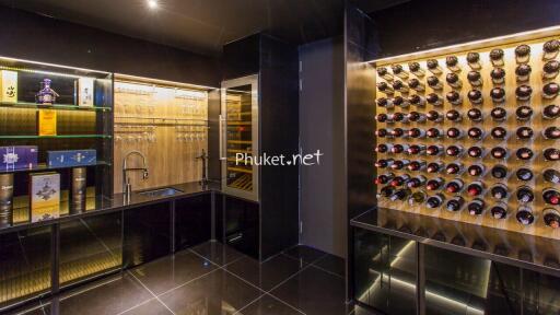 Modern wine cellar with glass display shelves and extensive wine bottle storage