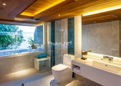 Luxury bathroom with glass-enclosed shower and bathtub