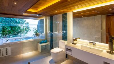 Luxury bathroom with glass-enclosed shower and bathtub