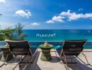 Beachfront outdoor area with lounge chairs and infinity pool