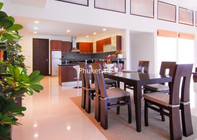 Spacious dining area and modern kitchen