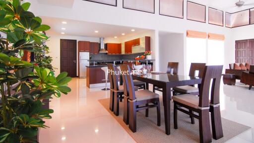 Spacious dining area and modern kitchen