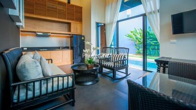 Modern living room with pool view