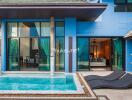 Outdoor pool area with view into living space and bedroom