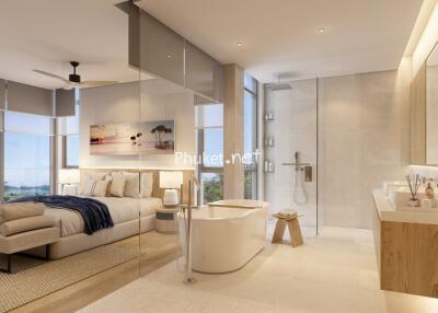 Modern bedroom with en-suite bathroom featuring a freestanding bathtub and large windows