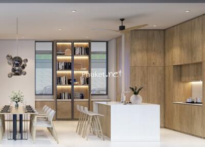 Modern kitchen and dining area with wooden cabinetry and island