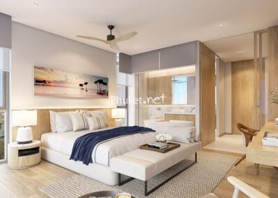 Modern bedroom with a cozy ambiance featuring a ceiling fan, bed with plush pillows, wall art, and a neat workspace. The room is illuminated with natural light from large windows.