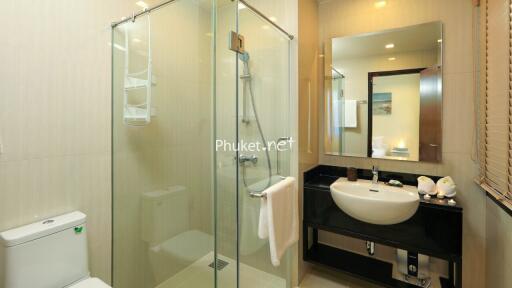 Modern bathroom with glass shower and white sink