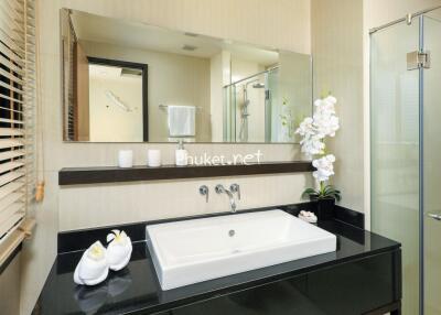 Modern bathroom with sink, mirror, and shower