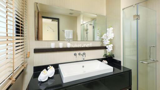 Modern bathroom with sink, mirror, and shower