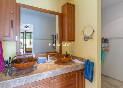 Modern bathroom with twin glass bowl sinks and a large mirror